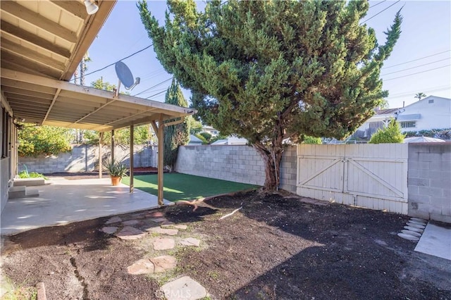 view of yard with a gate, a patio area, and a fenced backyard