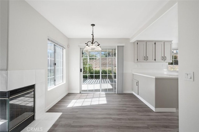 unfurnished dining area featuring baseboards, dark wood finished floors, and a tile fireplace