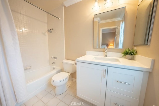 full bath featuring vanity, shower / bath combo, crown molding, toilet, and tile patterned floors