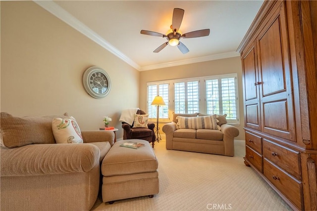 living room featuring light colored carpet, ceiling fan, crown molding, and vaulted ceiling