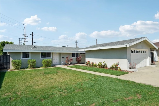 single story home with an attached garage, stucco siding, driveway, and a front yard