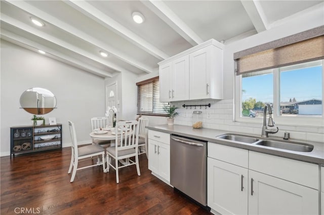 kitchen with backsplash, dark wood-type flooring, a sink, beam ceiling, and stainless steel dishwasher