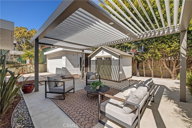 view of patio featuring a fenced backyard, a storage shed, outdoor lounge area, an outdoor structure, and a pergola