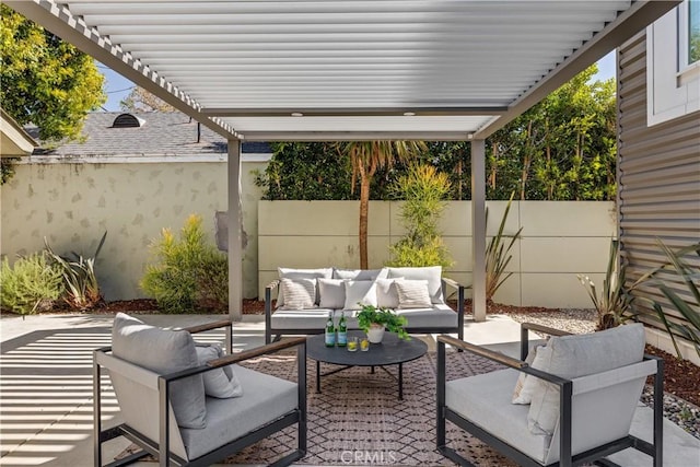 view of patio / terrace featuring fence, outdoor lounge area, and a pergola