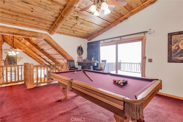 rec room with carpet floors, wood ceiling, and lofted ceiling with beams