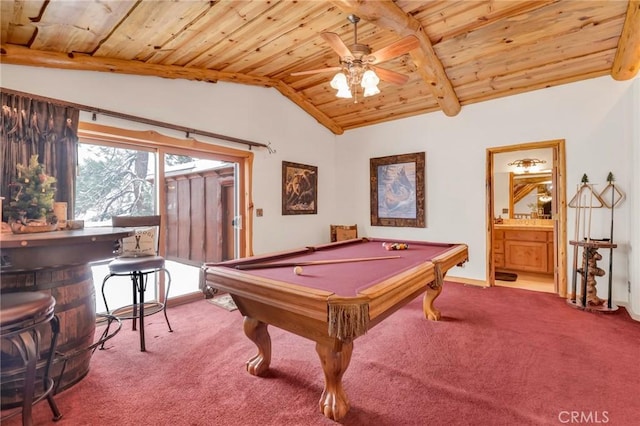 rec room with wood ceiling, carpet flooring, billiards, and lofted ceiling with beams