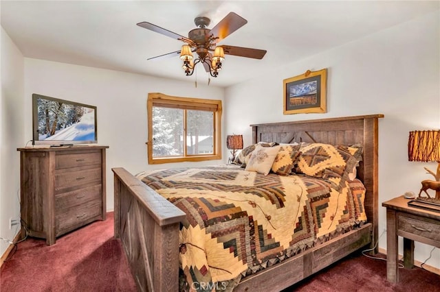 bedroom featuring carpet, ceiling fan, and baseboards