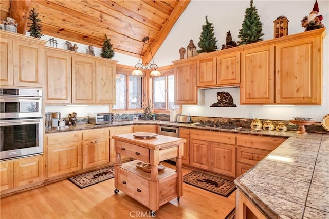 kitchen featuring stainless steel appliances, light wood finished floors, wooden ceiling, and light brown cabinets