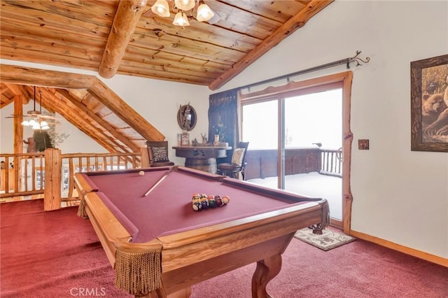 playroom with a ceiling fan, carpet, wooden ceiling, and lofted ceiling with beams