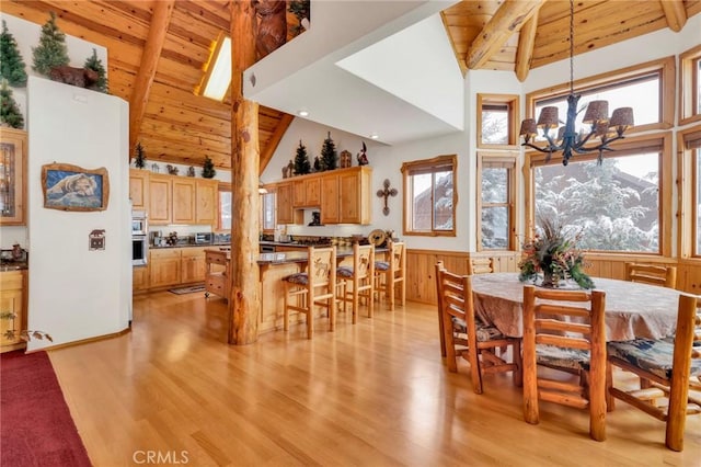 dining space featuring light wood-style flooring, wood ceiling, wainscoting, beamed ceiling, and an inviting chandelier