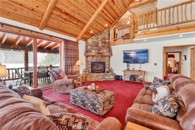 living room featuring carpet floors, a fireplace, high vaulted ceiling, wooden ceiling, and beamed ceiling