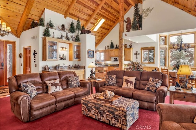 carpeted living area featuring high vaulted ceiling, wood ceiling, beam ceiling, and an inviting chandelier