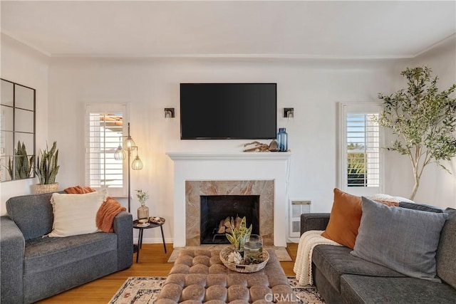 living room with a premium fireplace, ornamental molding, and wood finished floors