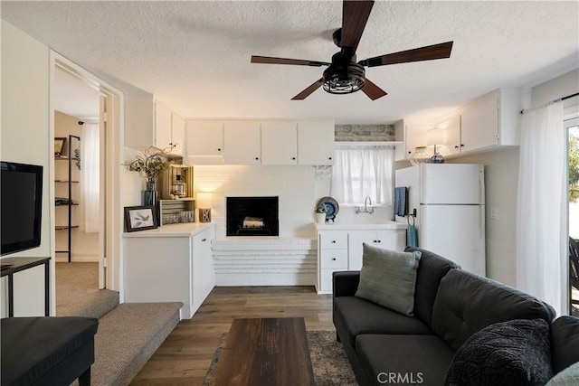 living room with dark wood-style flooring, a healthy amount of sunlight, a fireplace, and a textured ceiling