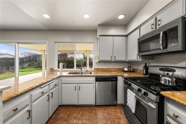 kitchen with recessed lighting, a healthy amount of sunlight, stainless steel appliances, and a sink