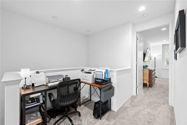 home office featuring carpet and recessed lighting