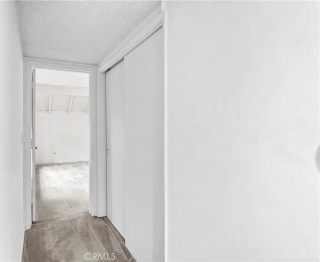 hall featuring light colored carpet and a textured ceiling