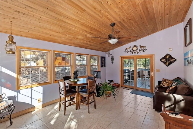 dining space featuring wood ceiling, light tile patterned flooring, vaulted ceiling, and ceiling fan