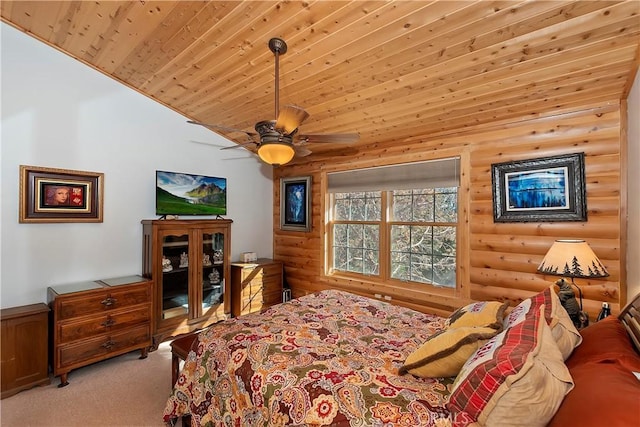 bedroom with rustic walls, light colored carpet, wood ceiling, ceiling fan, and high vaulted ceiling