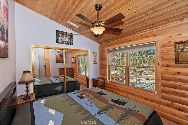 bedroom featuring visible vents, a ceiling fan, lofted ceiling, wood ceiling, and log walls