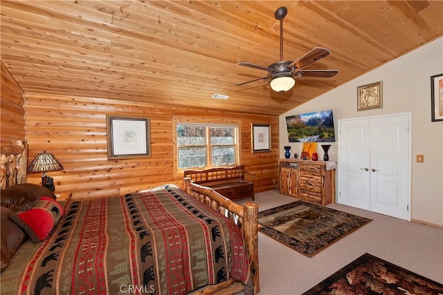 carpeted bedroom with rustic walls, wood ceiling, and vaulted ceiling