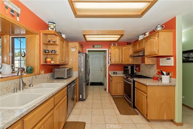 kitchen featuring a toaster, open shelves, stainless steel appliances, a sink, and under cabinet range hood