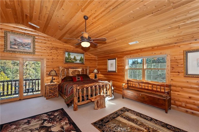 bedroom with wooden walls, visible vents, lofted ceiling, wood ceiling, and carpet