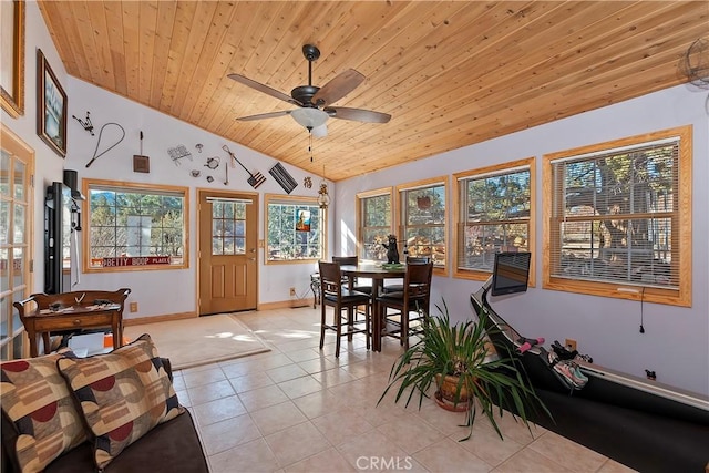 dining space featuring light tile patterned flooring, wooden ceiling, a ceiling fan, baseboards, and vaulted ceiling