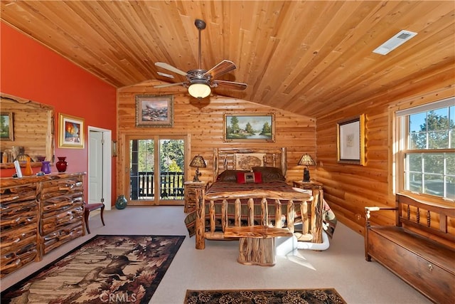 bedroom featuring wood ceiling, visible vents, vaulted ceiling, and carpet flooring