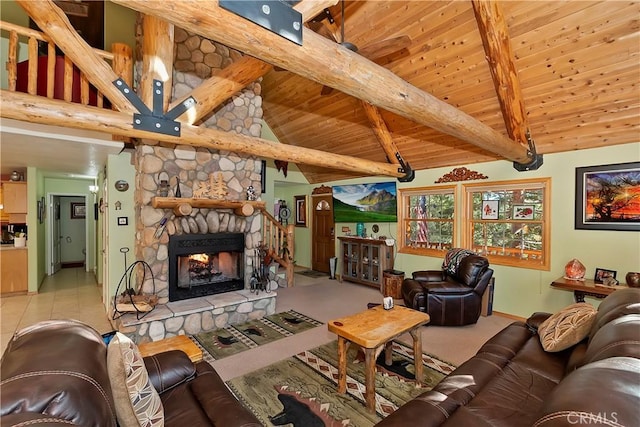 living room with high vaulted ceiling, a stone fireplace, beamed ceiling, and wooden ceiling