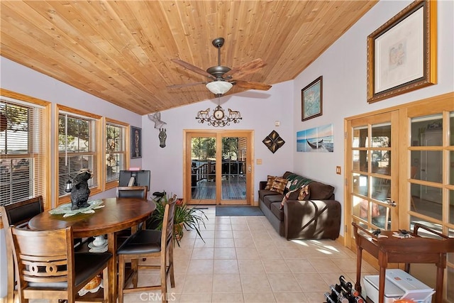 dining room with a ceiling fan, lofted ceiling, wood ceiling, and light tile patterned floors