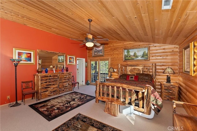 bedroom with wooden ceiling, visible vents, access to exterior, vaulted ceiling, and rustic walls