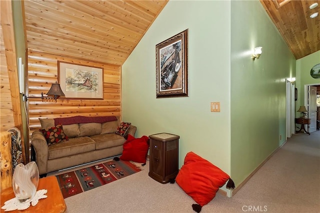 carpeted living area with log walls, lofted ceiling, wood ceiling, and baseboards