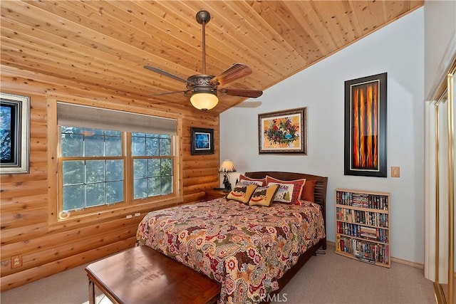 bedroom featuring ceiling fan, wooden ceiling, vaulted ceiling, log walls, and carpet