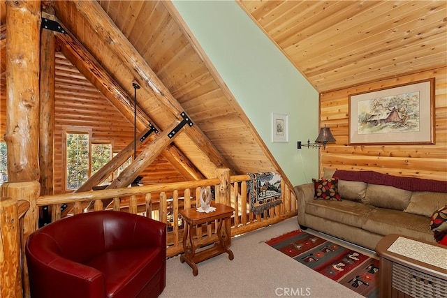 carpeted living area with lofted ceiling with beams, wooden ceiling, rustic walls, and wood walls