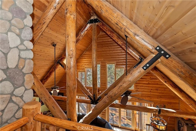 interior details featuring rustic walls, wooden ceiling, and beamed ceiling