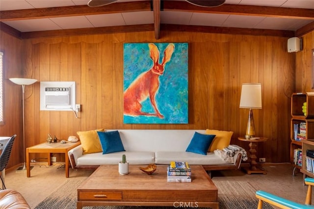 living room featuring a wall unit AC, beamed ceiling, and wooden walls