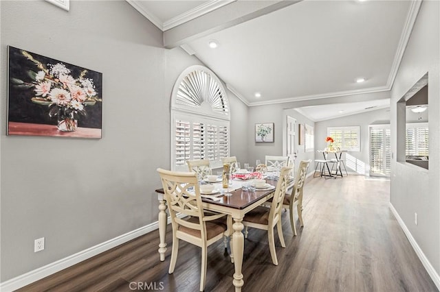 dining space featuring recessed lighting, lofted ceiling with beams, ornamental molding, wood finished floors, and baseboards