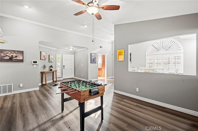 rec room featuring visible vents, crown molding, and baseboards