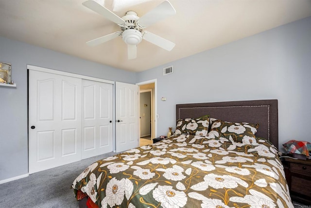 bedroom with ceiling fan, a closet, carpet, and visible vents