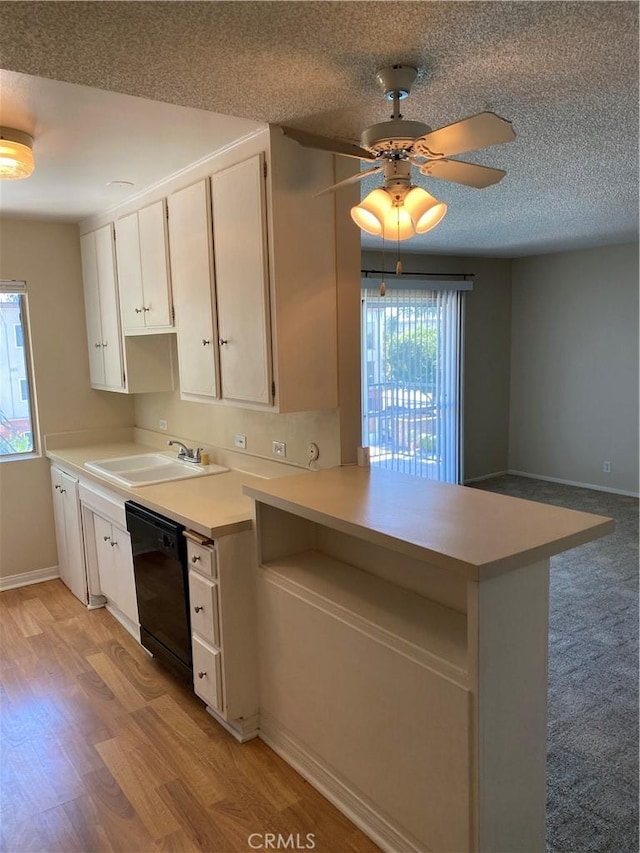 kitchen with light countertops, dishwasher, a textured ceiling, and a sink