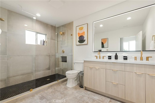 full bathroom featuring a sink, toilet, and a shower stall