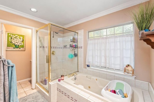 full bathroom featuring a whirlpool tub, a stall shower, tile patterned floors, and crown molding