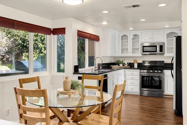 kitchen with visible vents, dark wood-type flooring, a sink, stainless steel appliances, and white cabinets