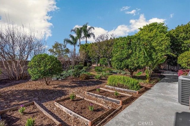 view of yard with cooling unit, a vegetable garden, and a fenced backyard