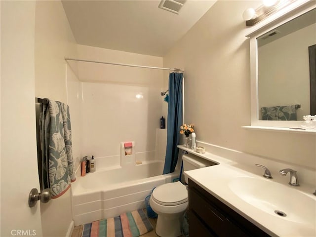 full bathroom with toilet, shower / bathtub combination with curtain, visible vents, and vanity