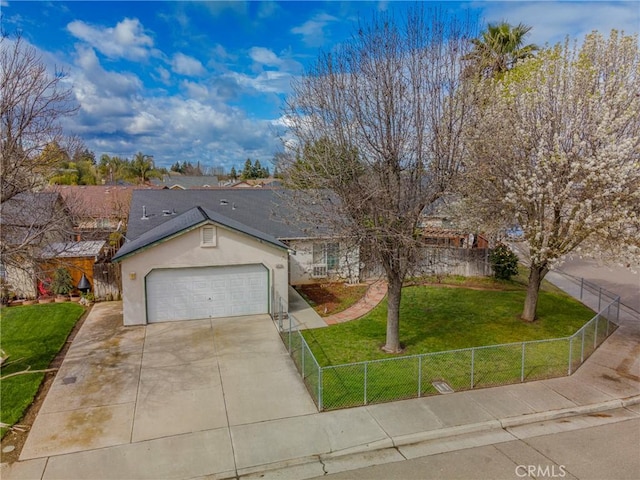 single story home featuring stucco siding, an attached garage, a front yard, fence private yard, and driveway