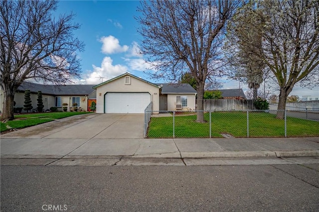 single story home featuring driveway, a fenced front yard, an attached garage, a front lawn, and stucco siding