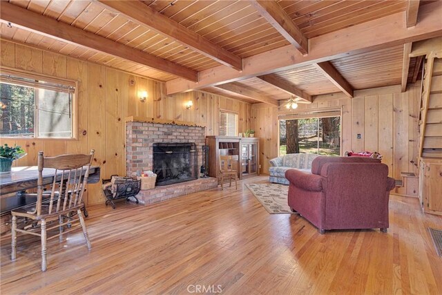 living area featuring wood walls, wood finished floors, and wood ceiling