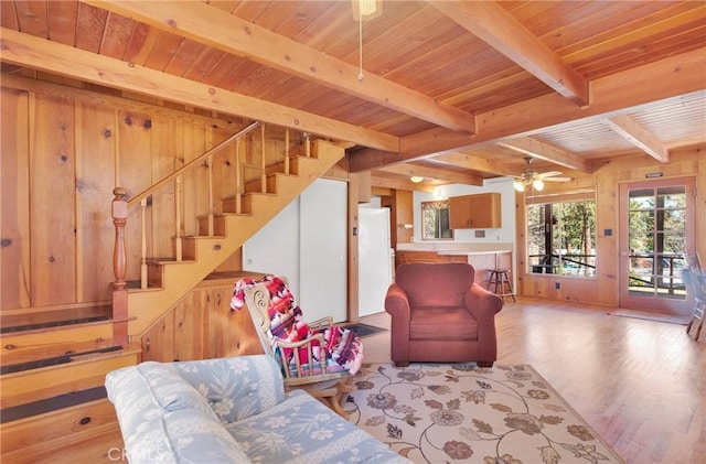 living room with wood ceiling, stairway, beam ceiling, and wood finished floors